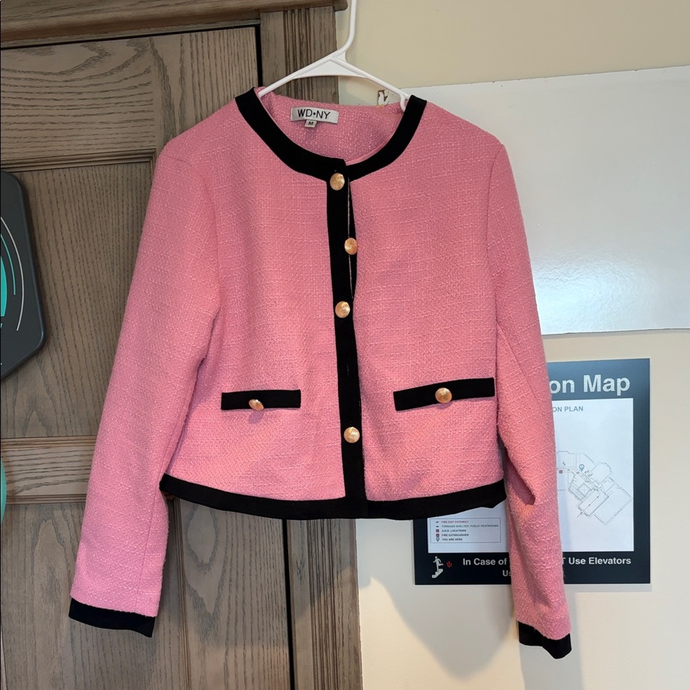 WD.NY Pink Bouclé Jacket with Black Trim and Gold Buttons